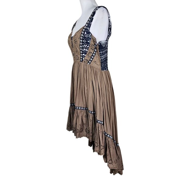 Free People Bossa Nova Midi Dress 12 Hi-Low Eyelet Lace Boho Floral Trim Peasant - Picture 3 of 14